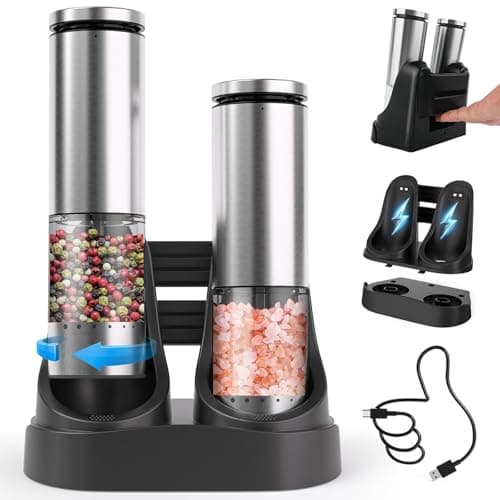 Electric Salt and Pepper Grinder Set with Charging Base: Rechargeable Automatic Salt and Pepper Grinder Set with External Adjustable Coarseness, Stainless Steel Electric Salt and Pepper Shakers,Sliver - Image 1