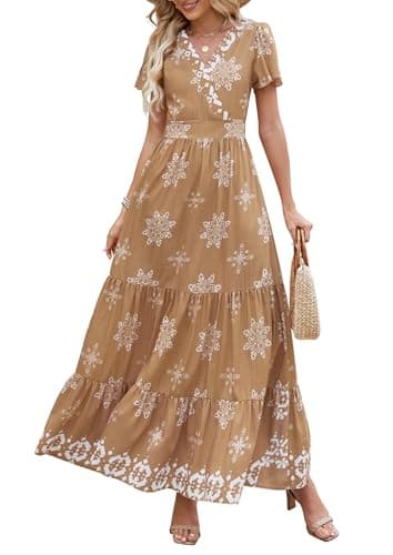 PRETTYGARDEN Womens 2026 Summer Casual V Neck Boho Maxi Dress Flowy Aline Bell Sleeve Tiered Floral Dresses with Pocket (Floral Khaki White,Medium) - Image 1