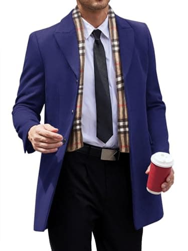 Runcati Men's Pea Coat with Detachable Plaid Scarfs Fall Single Breasted Wool Blend Trench Coat Winter Overcoat - Image 1