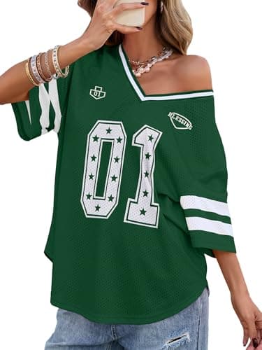 Bellcoco Women's Y2k Graphic Shirts Oversized Jersey Tops V Neck Number Print Off Shoulder Tees Football Streetwear Green Graphic S - Image 1