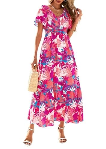PRETTYGARDEN Boho Dresses for Women 2026 Summer Floral Short Sleeve V Neck Smocked Flowy Beach Vacation Maxi Dress (Pink Floral,Small) - Image 1