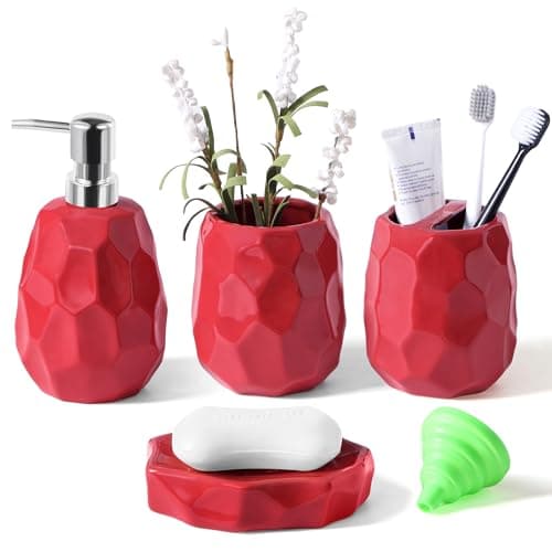 Ceramic Bathroom Accessories Set 4 PCS,Bathroom Toothbrush Holder Set,Soap and Toothbrush Holder Set,Include Toothbrush Holder,Soap Dispenser,Tumbler,Soap Dish,Bathroom Sets Decor Organizer (Red) - Image 1