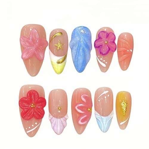 Tesytto Handmade Press on Nails 3D Floral Carved Medium Almond Fake Nails French Tips, Multi-Layer Gel Acrylic Nails for Women Nail Art (Sheer Floral Glow,M)