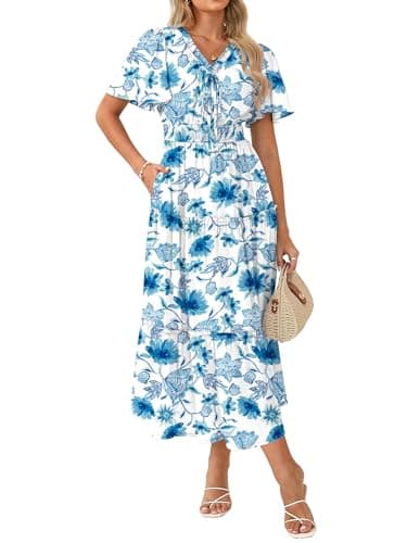 GRACE KARIN Womens Summer Floral Maxi Dresses 2026 Short Sleeve V Neck Dress Casual Flowy Beach Vacation Sundress with Pockets White Blue Floral L - Image 1