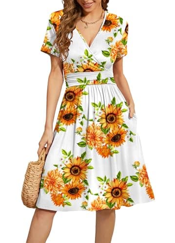 WEACZZY Summer Dress for Women Casual Short Sleeve Sundress Wrap V-Neck Party Dress with Pockets,Floral Sunflower White,3XL - Image 1