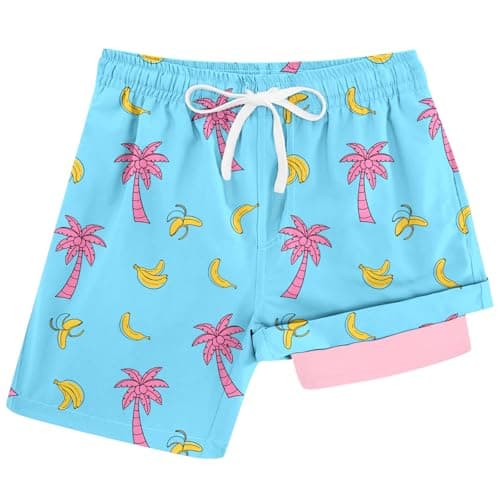 Cozople Swim Short for Boys Swimsuit Swim Trunk Swim Short Coconut Trees Banana Compression Pink Swimwear UPF Stretchy Bathing Suit Size 14-16 - Image 1