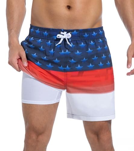 SILKWORLD Mens Swim Trunks with Compression Liner 2 in 1 Quick Dry Swimming Shorts Bathing Suits with Pockets,American Flag,XX-Large - Image 1
