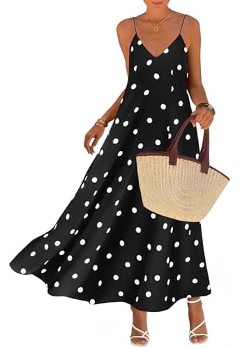 KIRUNDO Boho Maxi Dress for Women Summer Spaghetti Strap V Neck Polka Dot Flowy Long Beach Vacation Sundress with Pockets(Black, XX-Large) - Image 1