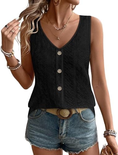 WIHOLL Summer Tops for Women 2026 Fashion Loose Fit Tank Tops Work Eyelet Shirts Business Casual Outfits with Button Cruise Boho Black XL - Image 1