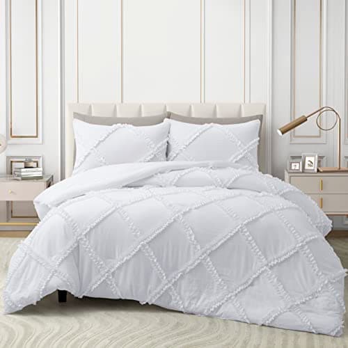 Bonlino King Comforter Set Soft Bedding - 3 Pcs Tufted Decor Fluffy Comforter Boho Bed in a Bag with Cute Lightweight Pillowcase for Dorm Farmhouse Bedroom Luxury Gift(White) - Image 1