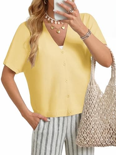 GRACE KARIN Short Sleeve Cardigans for Women Lightweight 2026 Summer Shirts Button Up Knit Sweater Tops Spring Clothes Yellow - Image 1