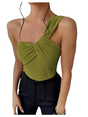 GORGLITTER Women's Twist Front One Shoulder Bodysuit Sleeveless Backless Asymmetrical Neck Tank Top Jumpsuits Olive Green Medium - Image 1