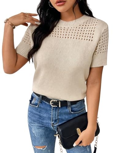 RICHSTORY Womens Tops Dressy Casual Solid Round Neck Short Sleeve Sweaters Soft Lightweight Hollow Out Knit Tunic Blouses Cute Summer T Shirts Apricot XX-Large - Image 1