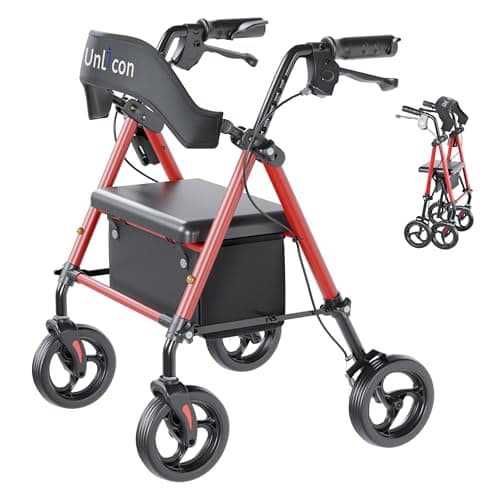 UNLICON Rollator Walkers with Seat, Rollator Walker with Durable, 8'' Big Wheels, 350 lb. Weight Capacity, Adjustable Handles and Seat Height ,Lightweight Rolling Walker for Seniors-Red - Image 1