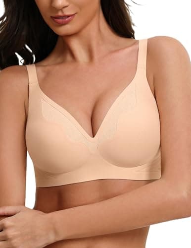 Showyoo Womens Bras Wireless Comfortable Bra No Underwire Tshirt Bralettes V Neck Seamless Brassiere Peach Puff XXL - Image 1