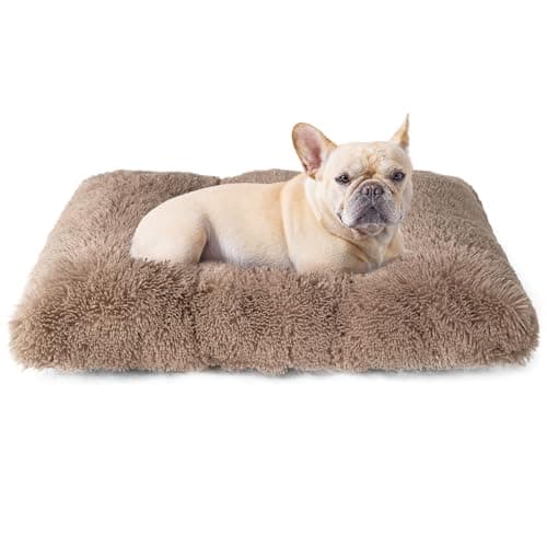 EHEYCIGA Fluffy Dog Crate Bed for Medium Dogs, Plush Faux Fur Crate Pad, Calming Anti Anxiety Medium Dog Bed for Crate, Washable Soft Warm Mat with Non-Slip Bottom, Camel