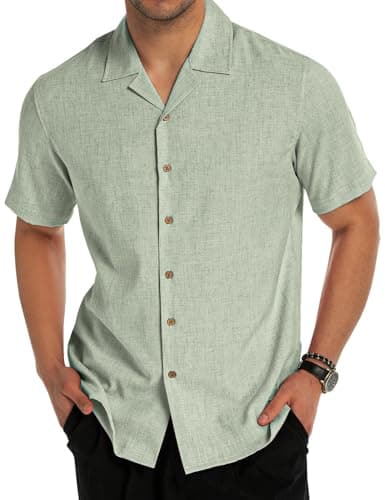 Tmeefee Linen Shirts for Men Casual Short Sleeve Button Down Shirt Cool Summer Beach Wedding Vacation Tops Green - Image 1