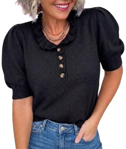 MONORA Short Sleeve Sweater for Women Trendy Pullover Knit Tops 2026 Ruffle Crewneck Puff Sleeve Spring Summer Fashion Lightweight Business Casual Outfits Black - Image 1