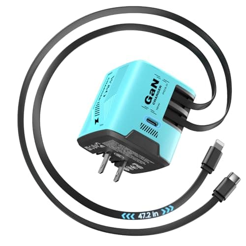 W & O Fast Charger for iPhone17/16/15,60W gan Charger,Retractable Phone Charger Wall Plug with Lightening and Type-C Cables,for iPhone Series, Galaxy S25/24,Android and More(Blue) - Image 1