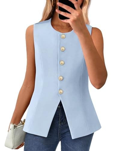 BTFBM Summer Sleeveless Blazer Vest For Women Dressy Button Down Round Neck Business Casual Outfits Work Suit Vests Tops(Light Blue, Small) - Image 1