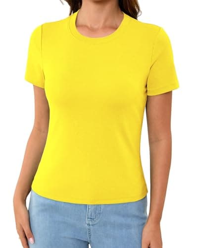 Abardsion Cotton Basic Tees for Women Spring Outfits Tops 2026 Short Sleeve Crewneck Slim Fit T Shirts (Butter Yellow, L) - Image 1
