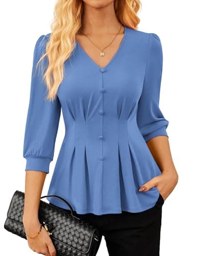 GRACE KARIN Women Business Casual Tops, 2026 Spring Trendy Dressy Blouses, 3/4 Sleeve V Neck Work Shirts Light Blue X-Large - Image 1