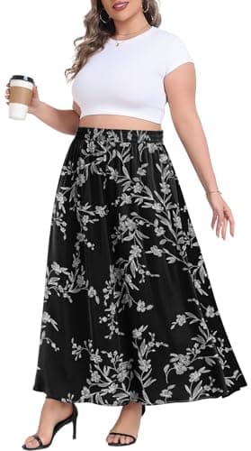 Lastshe Plus Size Maxi Skirts for Women Casual Elastic High Waisted Hide Drawstring Flowy A-line Long Skirt with Pockets,Black D Floral,3X - Image 1