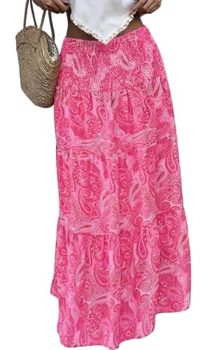 PRETTYGARDEN Womens Boho Floral Summer Skirt Casual Smocked Waistband High Waist Ditzy Pleated Long Flowy Skirts with Pockets (Rose Red Floral, Small) - Image 1