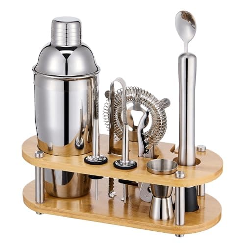 Cocktail Shaker Set Bartender Kit - 11 Pcs Bar Tool Set with Bamboo Stand & All Bar Accessories: Martini Shaker, Strainer,Jigger, Muddler, Mixer Spoon Barware Kit, for Bar, Home Lounge & Party