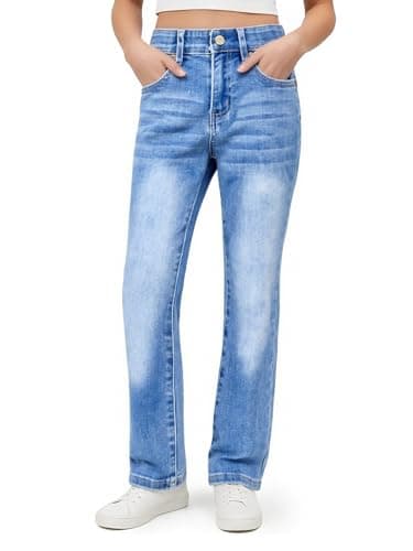 PATPAT Girls Bootcut Jeans Size 12, Light Blue, Elastic Waist Jeans with Pockets Straight Leg Pants 10-12 - Image 1