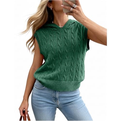 Truwelby Women’s Sweater Vest Sleeveless Cable Hoodies Casual Knit Sweater Solid Lightweight Pullover Summer Hooded Tank Tops (Green, M) - Image 1