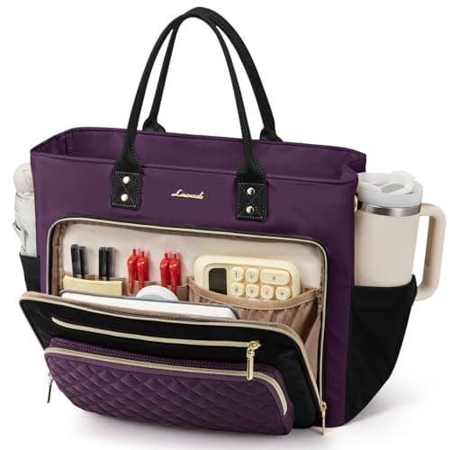 LOVEVOOK Insulated Lunch Tote Bag for Women, Large Capacity Work Bag with Laptop Compartment & Cup Holder, Water Resistant Nurse Tote for Office, Leakproof Crossbody Handbag, 15.6 Inch Black-Purple - Image 1