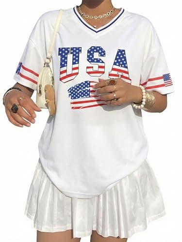 USA Jersey Shirts for Women Oversized American Flag Tshirt 4th of July Outfits V Neck Baggy Streetwear Tops - Image 1