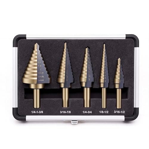 OSTTE Step Drill Bit Set 5PCS, 50 Sizes HSS Titanium Coated Step Bits for Metal Stainless Steel Aluminum Iron Wood Plastic, with Aluminum Case - Image 1