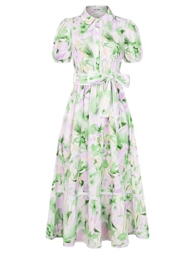 GRACE KARIN Women Summer Floral Maxi Dresses 2026 Wedding Guest Puff Sleeve Shirt Sundresses Boho Spring Clothes with Pockets Green Purple M - Image 1