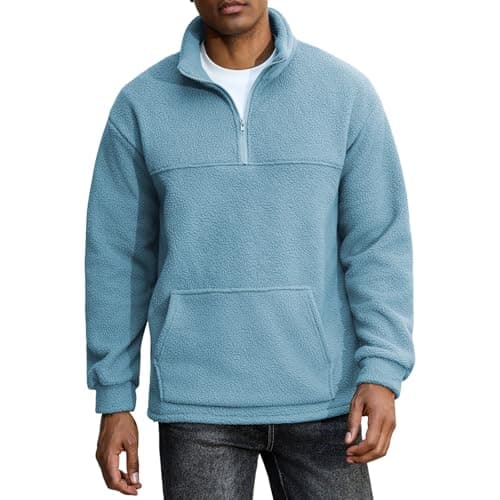 ZAFUL Mens 1/4 Zipper Fluffy Polar Fleece Pullover Sweatshirt Printed Kangaroo Pocket Fall Winter Unisex Hoodie Tops Blue 2XL - Image 1