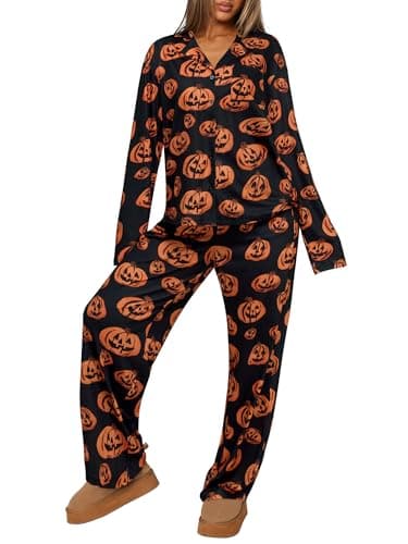 REORIA Funny Halloween Pajamas Women Button Up 2 Piece Pajama Set Sleepwear Black Pumpkin Large - Image 1