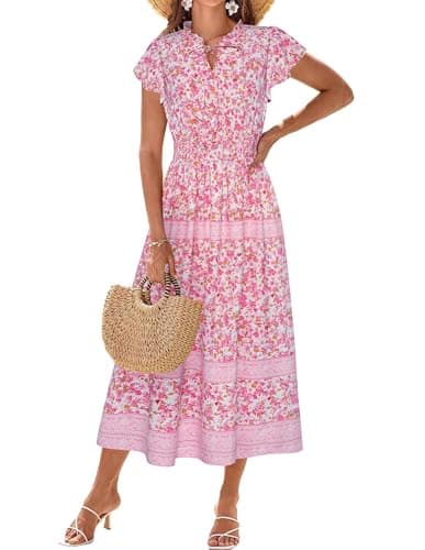 Women's 2025 Summer Floral Boho Dress Swing A Line Beach Long Maxi Dress Pink Little Floral L - Image 1