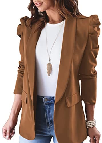 KIRUNDO Women's 2026 Spring Fall Casual Blazers Puff Sleeve Lapel Open Front Work Suit Office Blazer Jackets with Pockets(Brown, Large)