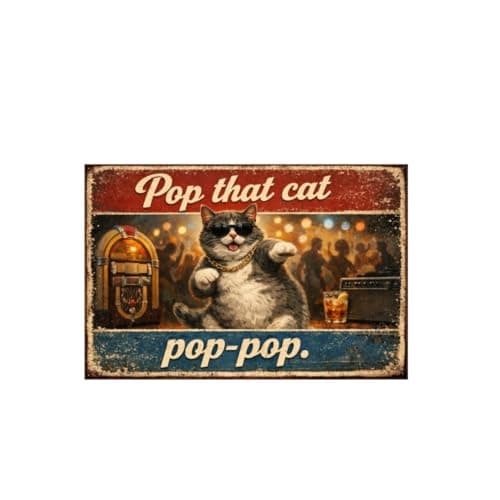 Pop That Cat Pop Pop Vintage Tin Sign Funny Dancing Cat Wall Decor Retro Party Animal Metal Plaque Music Bar Club Man Cave Home Art 8x12 Inch Pre Drilled Holes - Image 1