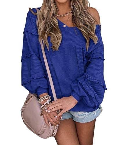 BTFBM Women's V Neck Long Sleeve Blouse Loose Fit Tunics Ruffles Off Shoulder Waffle Knit Solid Color Tops Fall Tee Shirts(Solid Royal Blue,Medium) - Image 1