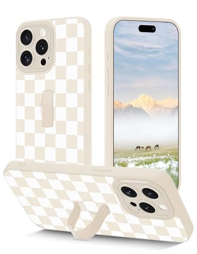 Aitipy Checkered Phone Case Compatible with iPhone 16 Pro Max, with Finger Hand Strap Kickstand Shockproof Full Camera Protection Soft TPU Protective Cover for Women Girls, Beige Checkerboard - Image 1