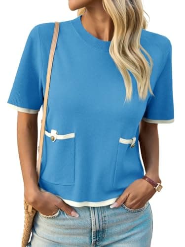 Saodimallsu Womens Short Sleeve Sweater Color Block Crew Neck Summer Crop Tops Loose Casual Knit Shirts with Pockets Blue - Image 1
