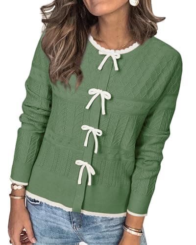 Arach&Cloz Bow Tie Front Button Down Cardigan Sweaters 2026 Spring Summer Womens Fashion Color Block Casual Long Sleeve Winter Ribbed Fall Knitted Outfits Textured Trendy Tops Dark Green XL - Image 1