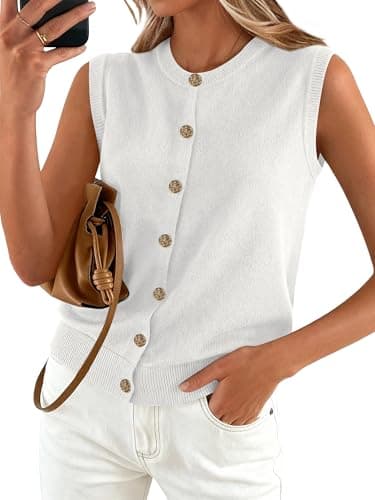 BTFBM Sweater Vest Women Casual Crewneck Loose Button Down Knit Sleeveless Cardigan 2026 Spring Clothes Summer Vest Tops(White, XX-Large) - Image 1