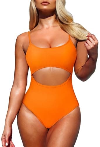 Pink Queen Women's One Piece Swimsuit Spaghetti Strap Scoop Neck Cutout High Waisted Bathing Suit Monokini Orange XL - Image 1
