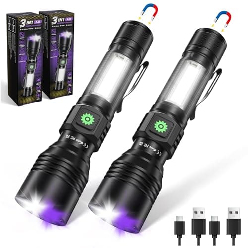 DARKDAWN 3 in1 Super Bright Flashlight & UV Flashlight 395nm, High Lumens USB Rechargeable LED Flashlights,Handheld Portable Flash Lights for Camping, Outdoor Adventure, Pet Urine Stains (2pack) - Image 1