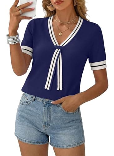 Dokotoo Women’s Lightweight Knit Top Chic Short Sleeve Sweater for Women Work Daily Wear Knit Blouse Summer Short Sleeve Shirts Fashion Clothing 2026 Spring Navy Blue M - Image 1