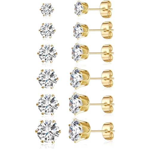 Gemsme 3-8mm Cubic Zirconia Gold Earrings for Women/Men Trendy - Hypoallergenic Stainless Steel With 18K Yellow Gold Plated 6-Sprong-setting Round CZ Stud Earrings Set - 6 Pairs - Image 1