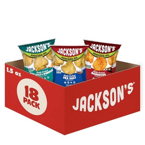 Jackson’s Classic Kettle Potato Chips (Variety Pack, 1.5 oz, Pack of 18) - Made with Premium Avocado Oil, Sea Salt, Salt & Vinegar and BBQ Flavors - Allergen-friendly, Gluten Free, Vegan - Image 1